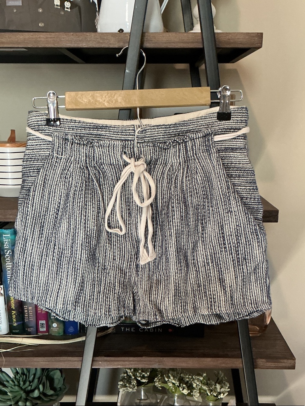 Free People Light at Sunrise Navy and White Striped High-Waist Drawstring Shorts